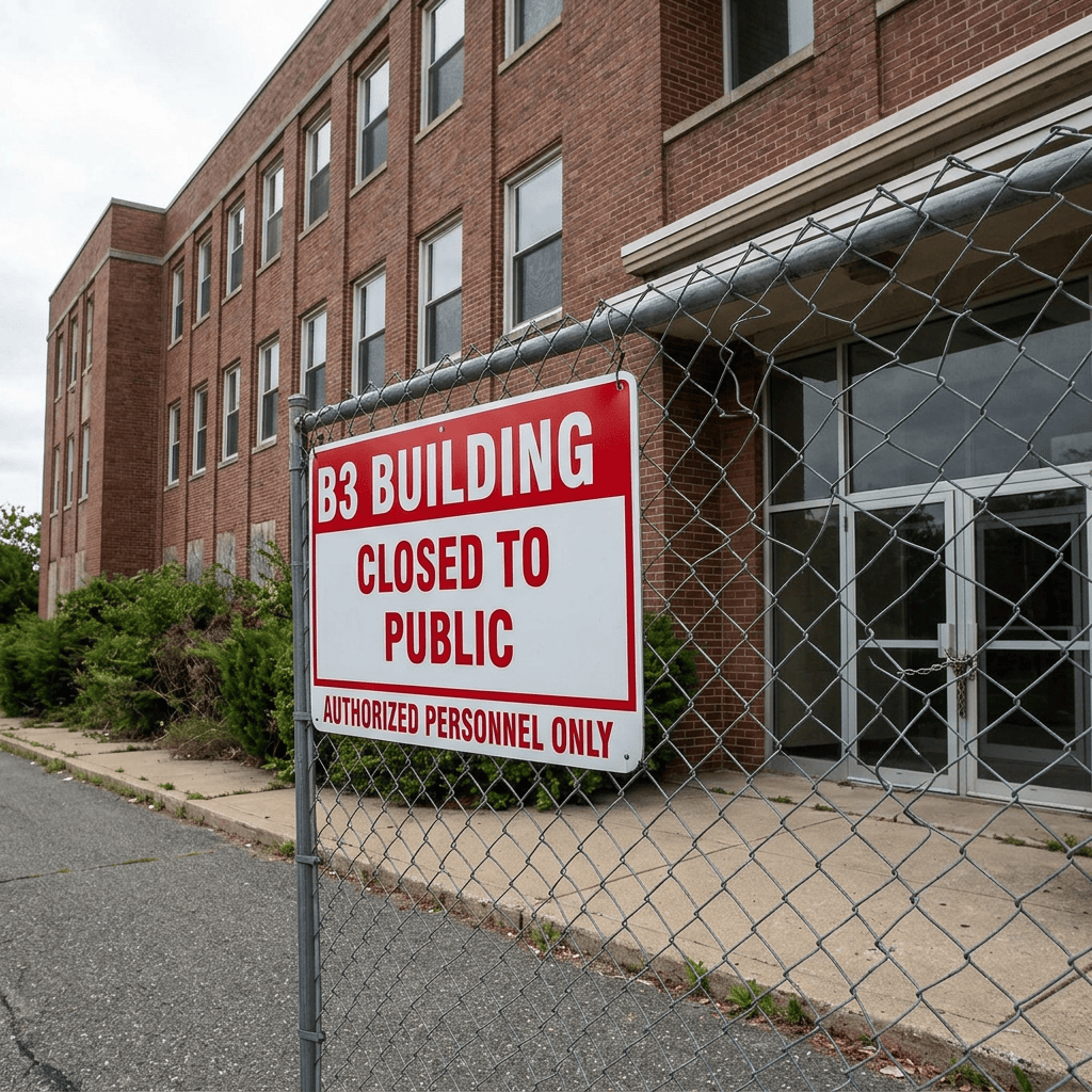 B3 Building closed to public sign on chain-link fence with locked entrance